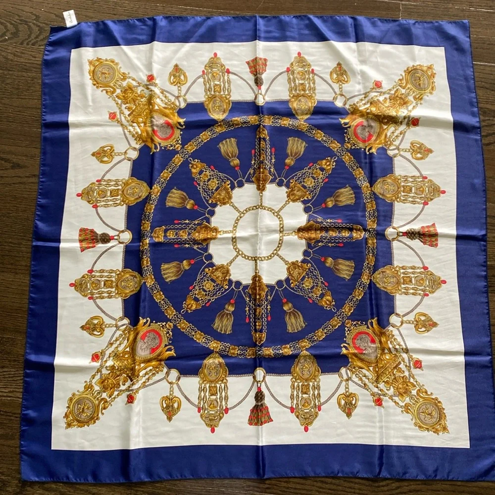 Berkshire Vintage Square Scarf. Navy / Gold Chain Links, Cameos, Tassels. Korea.